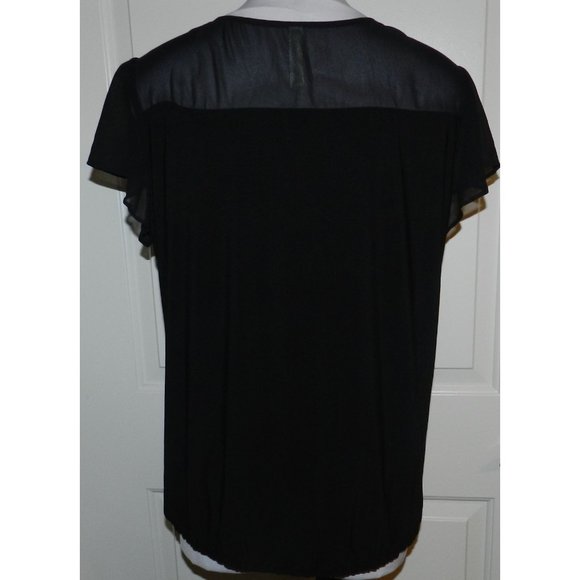 Ladies Sheer neckline slinky stretch black blouse - Picture 2 of 5